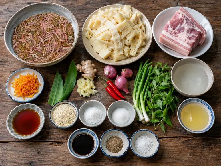 Các lớp nguyên liệu thịt và rau củ trước khi nấu potjiekos